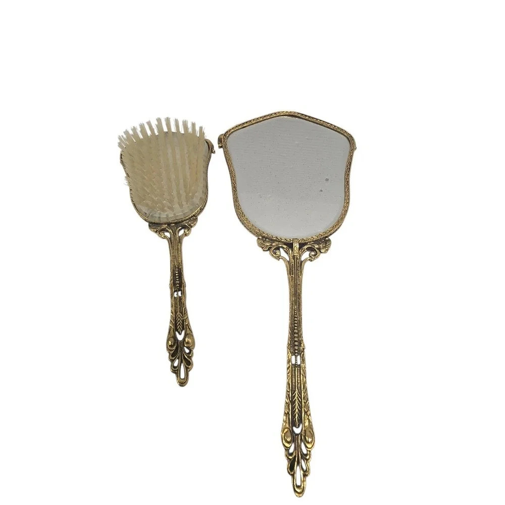 Antique 24kt Gold-Plated‎ Vanity Dresser Set with Hand Mirror and Brush